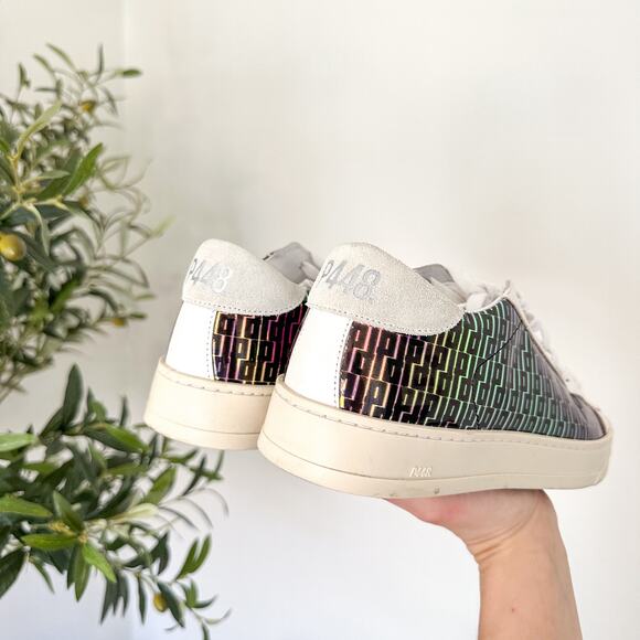 NEW P448 Jack Monogram Holographic Lace Up Low Top Leather Sneakers White 38 - Picture 5 of 9